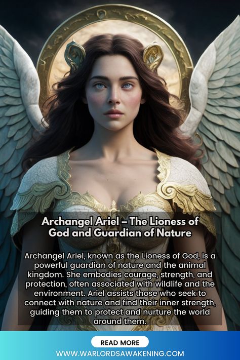 Archangel Ariel, known as the Lioness of God, is a powerful guardian of nature and the animal kingdom. She embodies courage, strength, and protection, often associated with wildlife and the environment. Ariel assists those who seek to connect with nature and find their inner strength, guiding them to protect and nurture the world around them. Lioness Of God, Archangel Ariel, Personal Empowerment, Connect With Nature, Dream Meanings, Dream Interpretation, Overcoming Fear, Spiritual Guidance, Inner Strength