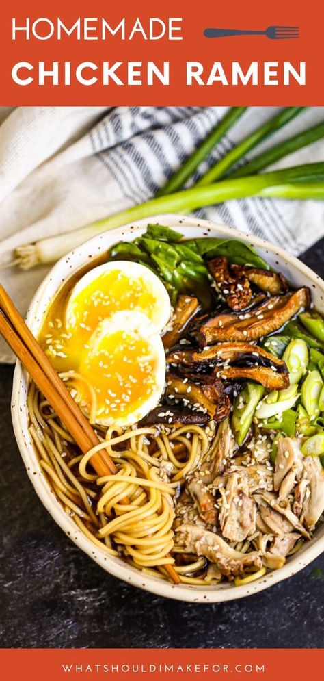 Looking for the best homemade chicken ramen recipe with noodles? You're here! This is made with chicken thighs, mushrooms and topped with eggs. You'll love the seasoning in this easy broth. Ladle into bowls and enjoy! #whatshouldimakefor #ramen #homemaderamen, #chickenramen #comfortfood #soup Homemade Chicken Ramen, Recipe With Noodles, Chicken Ramen Recipe, Chicken Thighs Mushrooms, Chicken Ramen, Ramen Recipe, Homemade Ramen, Weeknight Recipes, Healthy Family Dinners