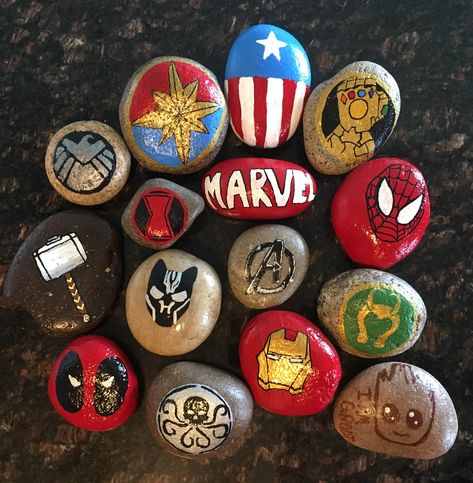 #PaintedRocks, #KindnessRocks, #Avengers, #Marvel, #CaptainAmerica, #Thor, #Deadpool, #BlackPanther, #Groot, #IronMan, #Shield, #Hydra, #Loki, #Thanos, #BlackWidow, #CaptainMarvel Avenger Paintings Easy, Marvel Rock Painting, Marvel Painted Rocks, Marvel Painting Ideas On Canvas, Marvel Diy Crafts, Marvel Crafts, Loki Thanos, Avengers Painting, Marvel Diy