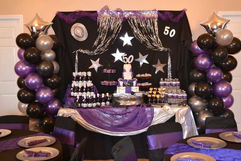 Purple Rain 50th Birthday Bash | CatchMyParty.com Purple Themed 50th Birthday Party, Prince Purple Rain Themed Birthday Party, Purple Rain Themed Birthday Party, Purple Rain Birthday Party Ideas, Purple Rain Party Theme, Purple 60th Birthday Party Ideas, Prince Purple Rain Party, Purple Rain Party, 50th Birthday Purple