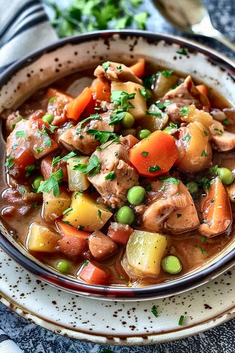 Warm up with this Hearty Chicken and Vegetable Stew! Packed with tender chicken, fresh veggies, and flavorful herbs, it's the perfect comfort dish. #ChickenStew #ComfortFood #HealthyEating #EasyRecipes #WinterMeals Chicken Vegetable Stew Crockpot, Chicken Veggie Stew, Chicken And Barley Stew, Hearty Chicken And Vegetable Stew, Warm Healthy Meals, Vegetable Stew Crockpot, Healthy Winter Dinner Recipes, Chicken And Vegetable Stew, Chicken Vegetable Stew