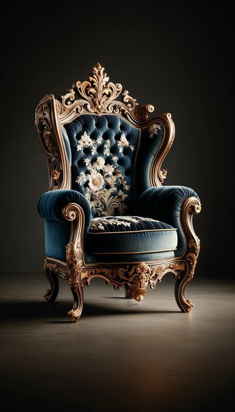 This luxurious armchair exudes a regal aura with its rich deep blue velvet upholstery and ornate baroque woodwork, highlighted by gold leaf accents and sophisticated floral embroidery. #LuxuryFurniture #BaroqueDesign #VelvetArmchair #BlueElegance #GoldLeafDetailing #FloralEmbroidery #HomeDecorInspiration Baroque Armchair, Ornate Chair, Baroque Bed, Sofa Come Bed, Ornate Chairs, Baroque Chair, Classic Furniture Living Room, Royal Chair, Fancy Chair