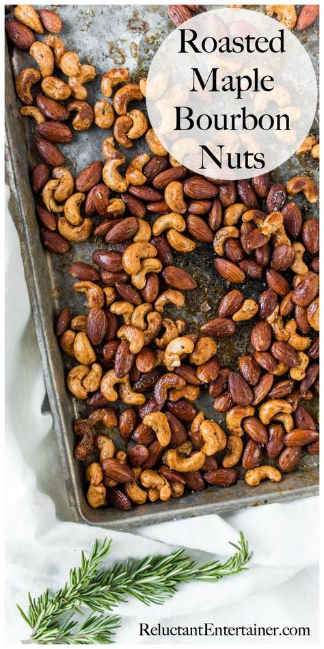 Roasted Maple Bourbon Nuts #roastedmaplebourbonnuts #roastednuts #bourbonnuts #makeyourown #reluctantentertainer Roasted Nuts Recipe, Spiced Nuts Recipe, Seasoned Nuts, Maple Bourbon, Nut Snacks, Nut Recipes, Roasted Nuts, Candied Nuts, Raw Cashews