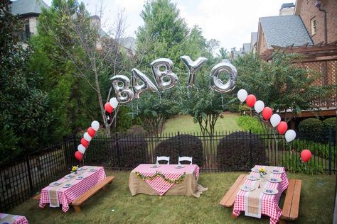 Baby-Q Baby Shower Party Ideas | Photo 1 of 28 Baby Q Shower Ideas, Baby Shower Barbeque, Babyque Shower, Bbq Baby Shower Decorations, Barbecue Baby Shower, Baby Q Shower, Bebe Shower, Baby Reveal Party, Outdoor Baby Shower