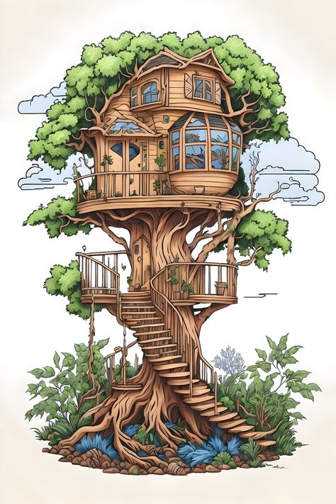 Tree House Illustration, Fantasy Dwellings, Tree House Drawing, House Design Drawing, Tree House Designs, House Illustration, House Drawing, Art Painting Acrylic, Tree Art