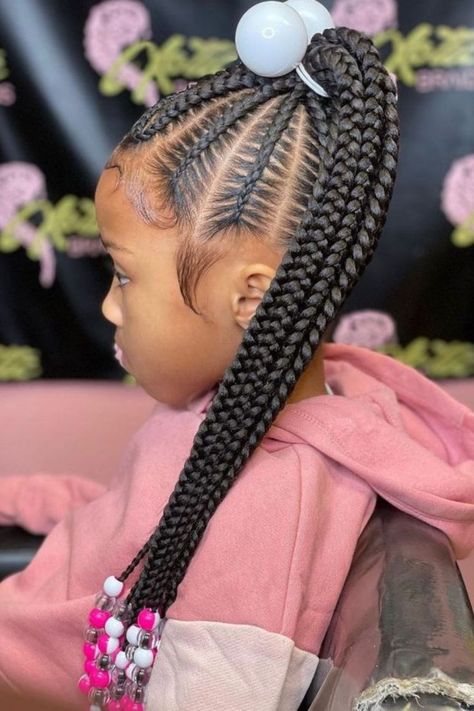 Heart-Shaped Cornrows Into A Braided Ponytail 2 Ponytail Braids Kids, Hair For Kids Braids, Girl Braided Hairstyles Kids Black, Young Black Girls Braided Hairstyles, Braid Ponytail For Black Kids, Kids Hair Styles Braids, Braided Kids Hairstyles Black, Kids Box Braids Styles Children, Heart Braided Ponytail