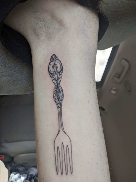 Fork tattoo Small Fork Tattoo, Fork And Flower Tattoo, Vintage Fork Tattoo, Spoon And Fork Tattoo, Fork Tatoos, Fork Tattoos Meaning, Fork Tattoo, Spoon Tattoo, Vintage Forks