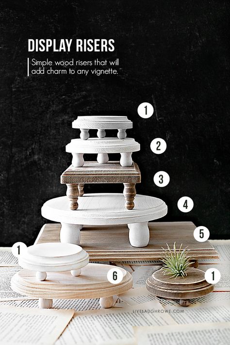 How To Make Wood Risers, Wooden Riser Decor, Home Decor Items To Make And Sell, Diy Wooden Riser Stand, Wooden Risers Display Diy, Wood Risers Diy, Diy Wooden Riser, Wood Riser Decor Kitchen, Risers For Displays Diy Decorative Trays