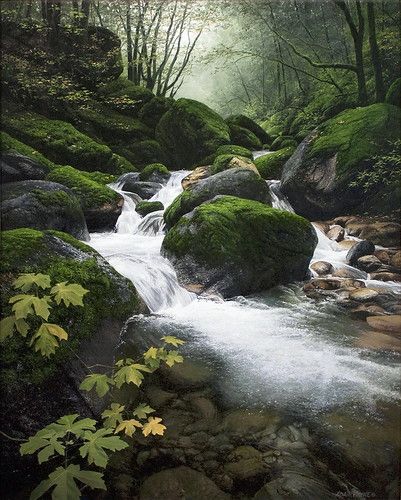 September Morn, September Morning, Waterfall Paintings, 수채화 그림, Airbrush Art, Beautiful Waterfalls, Alam Yang Indah, Fantasy Landscape, Nature Scenes