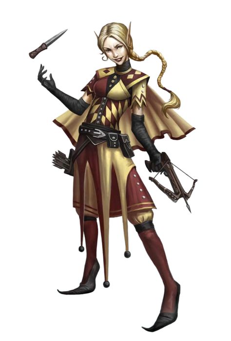 High Elf Bard, Rogue Arcane Trickster, Female Jester, Hand Crossbow, Elf Rogue, Arcane Trickster, Female Elf, Rpg Characters, High Elf