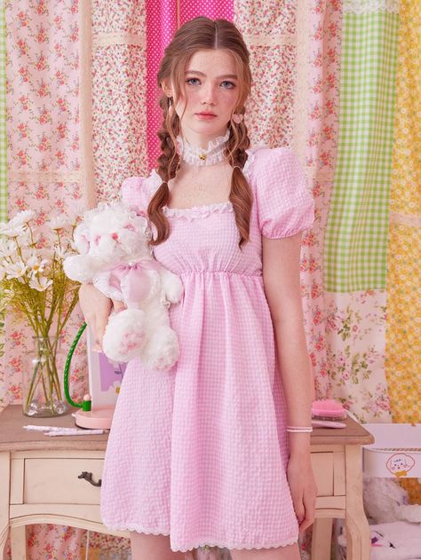 ROMWE Kawaii Gingham Print Puff Sleeve Dress | SHEIN USA Girly Dresses, Puff Sleeve Dress, Young Fashion, Gingham Print, Puffed Sleeves Dress, Women Dresses, Dress P, Sleeve Dress, Gingham