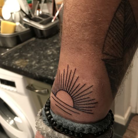 Traditional Sunrise Tattoo, Sunrise Arm Tattoo, Sunrise Tattoo Men, Men Sun Tattoo, Sunrise Tattoo Simple, Line Sun Tattoo, Sun Tattoo Men, Sunrise Tattoos, Rising Sun Tattoos