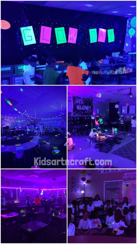 Glow Day Classroom Transformation Ideas Glow In The Dark Classroom, Glow Day Classroom, Dark Classroom, Classroom Transformation Ideas, Transformation Images, Outdoor Toy Storage, Glow Day, Disney Classroom, Black Lights