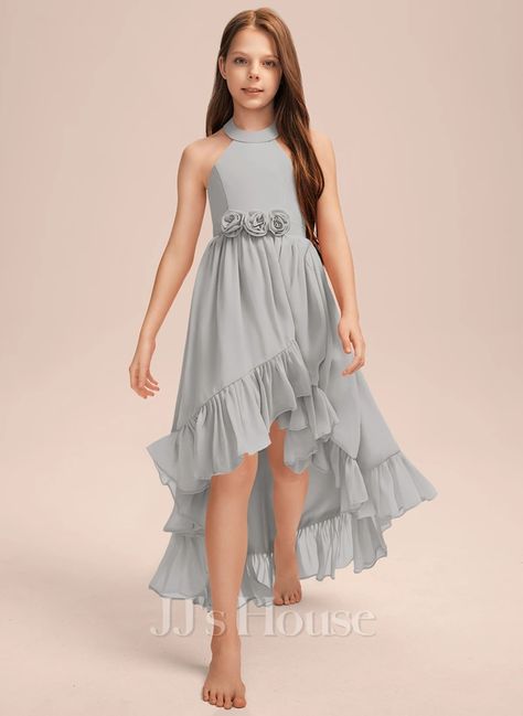 A-line Halter Asymmetrical Chiffon Junior Bridesmaid Dress With Flower Cascading Ruffles (009268373) Bridesmaid Dresses Bohemian, Junior Bridesmaid Dress, Cascading Ruffles, Party Dresses Online, Junior Bridesmaid Dresses, Junior Bridesmaid, Girls Party, Bohemian Dress, Custom Dresses