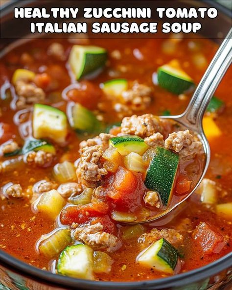 Yay Recipes Zucchini Tomato Italian Sausage Soup, Tomato Italian Sausage Soup, Zucchini And Tomato, Italian Zucchini, Zucchini Soup Recipes, Soup With Sausage, Italian Soup Recipes, Sausage Ingredients, Sweet Chili Chicken