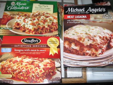 Do You Love a Good Lasagna That tastes like Homemade? The facts: Marie Callender's: Listed as a delicious 280 calories. First ingredient is tomato puree then lasagna noodles with ingredients I can't pronounce, then ricotta cheese. Stouffer's:  Listed as... Stouffers Lasagna, Frozen Lasagna, Michael Angelo, Hearty Snacks, Meat Lasagna, Lasagna Noodles, Tomato Puree, Test Results, Taste Test