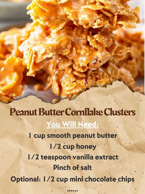 Corn Flake Peanut Butter Cookies, Peanut Butter Clusters Corn Flakes, Butterscotch Cornflake Clusters, Peanut Butter Corn Flakes Treats, Peanut Butter Cornflake Clusters, Cornflake Brittle, Unbaked Desserts, Cornflake Clusters, Peanut Butter Cornflake Bars