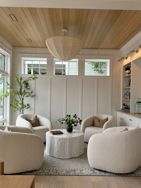 Everything about this cozy sitting room space is absolutely breathtaking...from the board and batten creamy white walls, the unique windows, the oak paneling on the ceiling, the wall of built-ins, we couldn't love it more! To top it off, the room is styled to perfection and is surely a space that you would want to spend endless amounts of time in!


New Construction | Home Trends 2024 | Home Design | Minnesota Home Trends Multiple Sitting Areas In Living Room, Chair In Front Of Tv, Open Den Room Ideas, 4 Chairs Sitting Area Sunroom, Guest Room Sitting Area, Sunroom Sitting Area, Unique Sitting Room Ideas, Basement Cozy Family Room, Living Room With 2 Seating Areas