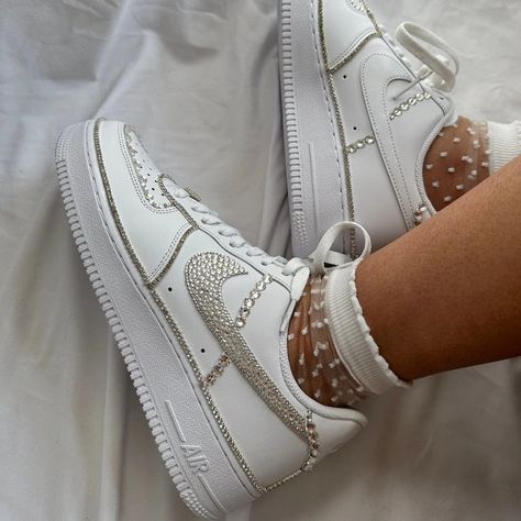 Air Force 1 Sneakers, Air Force 1s, Custom Air Force 1, Wedding Look, White Rhinestone, Custom Sneakers, Walking Down The Aisle, Diamond Fashion, Urban Outfits