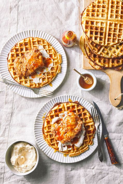 Spicy Honey Butter, Chicken And Waffles Recipe, Honey Butter Sauce, Easy Waffle Recipe, Sweet Potato Waffles, Waffles Easy, Spicy Chicken Recipes, Waffles Recipe, Pumpkin Waffles