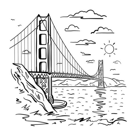 Golden Gate Bridge Drawing Simple, Golden Gate Bridge Drawing, San Francisco Black And White, Bridge Drawing, Basic Computer Programming, Basic Computer, Doodle Style, The Golden Gate Bridge, Drawing Simple