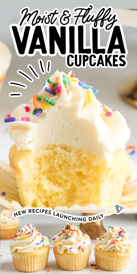 The secret to these soft and fluffy vanilla cupcakes is the creamy combination of cake mix, sour cream, and instant vanilla pudding. Plus, they are topped with a thick, easy, three-ingredient vanilla frosting that makes them taste like they are straight from the bakery. Desert Cupcakes, Vanilla Cake Mix Recipes, Fluffy Vanilla Cupcakes, Easiest Desserts, Easy Vanilla Cupcakes, Moist Vanilla Cupcakes, Vanilla Desserts, Fluffy Cupcakes, Yummy Deserts