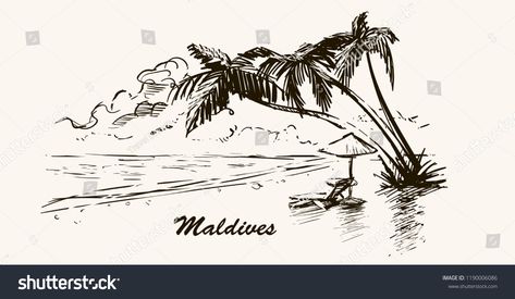 Maldives Illustration Art, Maldives Illustration, Maldives Drawing, Beach With Palm Trees, Retro Frame, Maldives Island, Insta Highlights, Drawing Easy, Royalty Free Photos