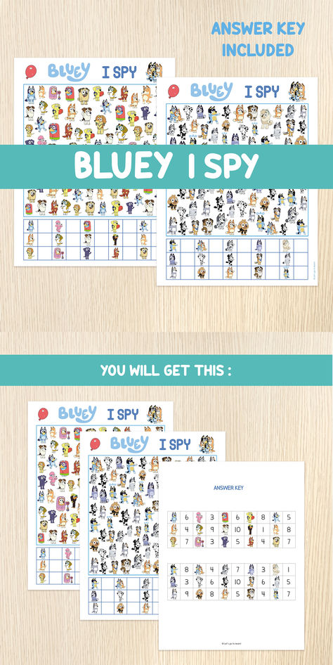 You will get 2 printable I spy games in a PDF file ready to print and enjoy! There are many details for children/adults to enjoy in our "Bluey I Spy" games.  #bluey #blueygames #blueyworksheets #blueyispy #countingactivities #countingpractice #countinggames #toddlergames #preschoolcenters #numbersforkids #mathcenters #countingskills #teachingmaterial #preschooleducation #blueybirthdayparty #funlearning #busybookpages #mathworksheets #mathgames #mathcenters #kindergartengames #homeschoolresources Bluey School Activities, Bluey Activities, Bluey Games, Book Pages Printable, Busy Book Pages, Kindergarten Math Centers, Preschool Room, Bluey Party, Counting Activity