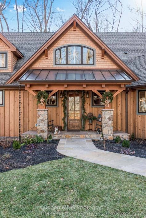 Hamilton, VA Main House (T00990) | Timberpeg Post and Beam Exteriors Post And Beam Exterior Colors, Timberpeg Home, Timber Frame Entryway, Timber Frame House Exterior, Timber Frame Entrance, Modern Farmhouse Breakfast Nook, Post And Beam House Plans, Beam Entryway, Log Home Exterior Colors