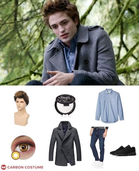 Edward Cullen is a protagonist of the Twilight saga. He appears as a seventeen year old high school junior, but he is really a vampire. He is part of the Olympic Coven, compromised of the Cullen family, who are all vegetarians. Edward possesses the power to read thoughts. However, he cannot read Bella Swan's thoughts, which draws him to her. The attraction is mutual, and soon the "lion falls in love with the lamb." The latest book, Midnight Sun, retells Twilight from Edward's point of view. Edward Twilight Costume, Edward Cullen Costume, Twilight Group Costume, Bella And Edward Costume, Edward Cullen Halloween Costume, Edward And Bella Halloween Costume, Twilight Couple Costume, Twilight Party Costumes, Edward Cullen Cosplay