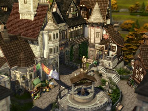 The Sims Resource - Old Henford Medieval Town Sims 4 Village Lot, Sims 4 Medieval Castle, Sims 4 Medieval Build, Sims 4 Medieval House, Sims 4 Town, Medieval Town Layout, Market Medieval, Sims 4 Castle, Witch Village