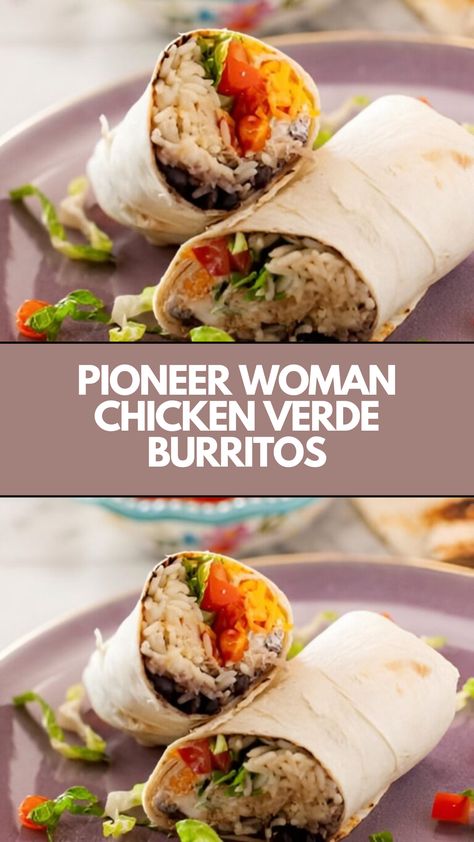 This easy Chicken Verde Burritos recipe is a quick and delicious meal perfect for busy nights. Made with tender chicken, spicy salsa verde, and simple ingredients like rice and beans, it’s packed with flavor. You can customize it with your favorite toppings, making it a flexible and family-friendly dinner option! Simple Chicken Burritos, Pioneer Woman Salsa Verde Chicken, Chicken Verde Burritos, Chicken And Rice Burritos, Spicy Salsa Verde, Chicken Ramen Noodle Recipes, Pioneer Kitchen, Pioneer Woman Chicken, Chicken Verde