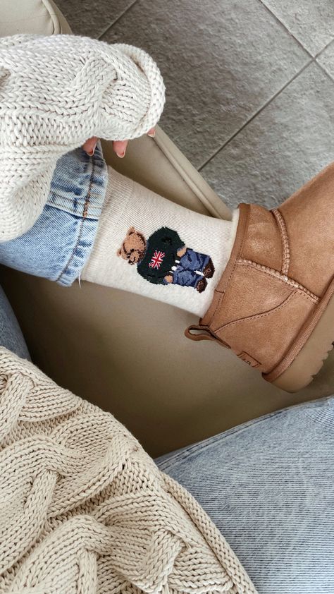 Cute Socks With Uggs, Polo Bear Socks Outfit, Fun Socks Outfit, Ugg Socks, Beige Socks, Soft Girl Style, Bear Outfit, Bear Socks, Socks Aesthetic