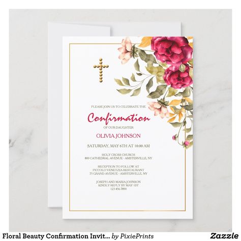 Floral Beauty Confirmation Invitation Confirmation Invitation, Confirmation Invitations, Cute Diy Room Decor, Colored Envelopes, Invitation Card Design, Cute Diys, Envelope Liners, Wedding Pinterest, Custom Invitations