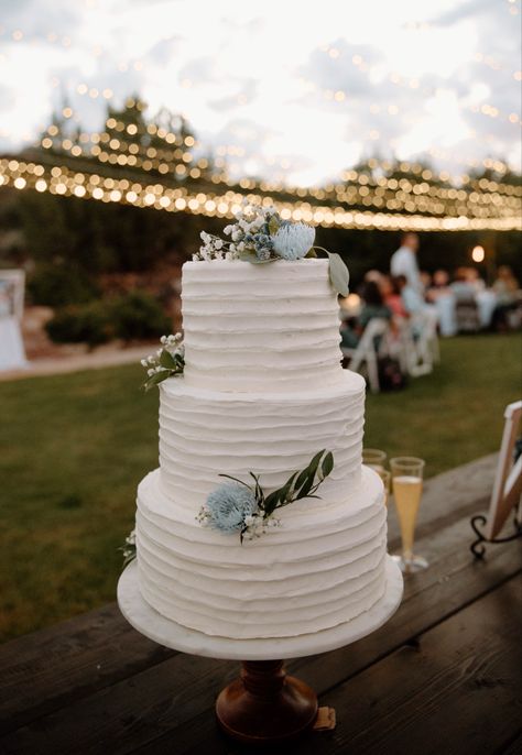 White Wedding Cake With Blue Accent, Dusty Blue Simple Wedding Cake, Wedding Cake For Blue Theme, Dusty Blue Wedding Cake Table, Dusty Blue Boho Wedding Cake, Simple Wedding Cake With Blue Flowers, Wedding Cake Dusty Blue And Sage Green, Wedding Cake Dusty Blue Flowers, Simple Wedding Cake Blue Flowers