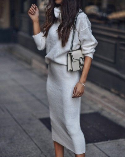 White Dress Casual, Sweater Skirt Set, Outfit Invierno, Long Dress Casual, Sweater Material, Turtle Neck Dress, Jumper Dress, Two Piece Dress, Sweater Skirt