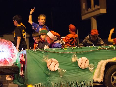 Baseball Themed Parade Floats, Baseball Christmas Parade Float Ideas, Baseball Christmas Float Ideas, Softball Christmas Parade Float Ideas, Baseball Float Ideas Parade, Baseball Parade Float, Parade Float Ideas Baseball, Christmas Floats Parade Ideas, Christmas Floats