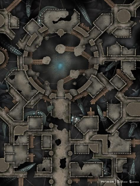 Free D&D Battlemap – Ruined City of Chained Horror • Seafoot Games Underground Dungeon, Fantasy City Map, Dnd World, Dnd World Map, Ruined City, Fantasy World Map, Battle Map, Dungeons And Dragons Classes, Tabletop Rpg Maps