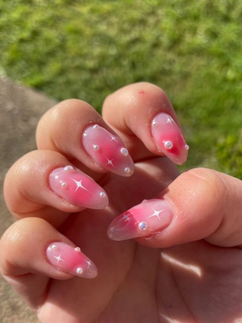 Pink Nail Inspo Aesthetic, Pink Pearl Nails Acrylic, Light Pink Nails With Pearls, Pink And Pearl Nails, Pink Birthday Nails Almond, Korean Almond Nails, Cute Nails For Birthday Pink, Pink Korean Nails, Kawaii Pink Nails