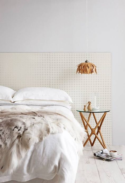 Creative Headboard Ideas To DIY | Domino Pegboard Headboard, Bedhead Design, Creative Headboard, Diy Headboards, Diy Headboard, Small Room Design, Small Space Solutions, Peg Board, White Bedroom