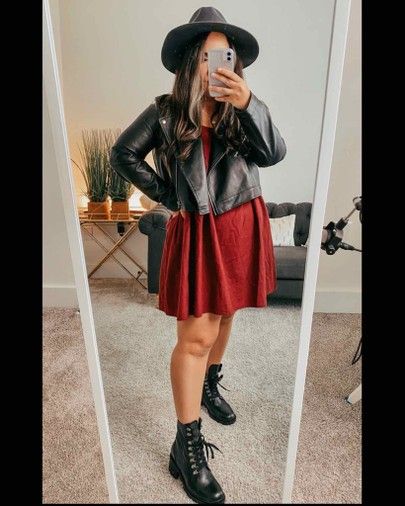 Red Dress Doc Martens, Sundress Combat Boots, Dresses With Combat Boots Fall, Dress Up Combat Boots, Babydoll Dress Outfit Fall, Dress With Combat Boots Outfit, Combat Boots With Dress, Corduroy Dress Outfit, Dress With Combat Boots