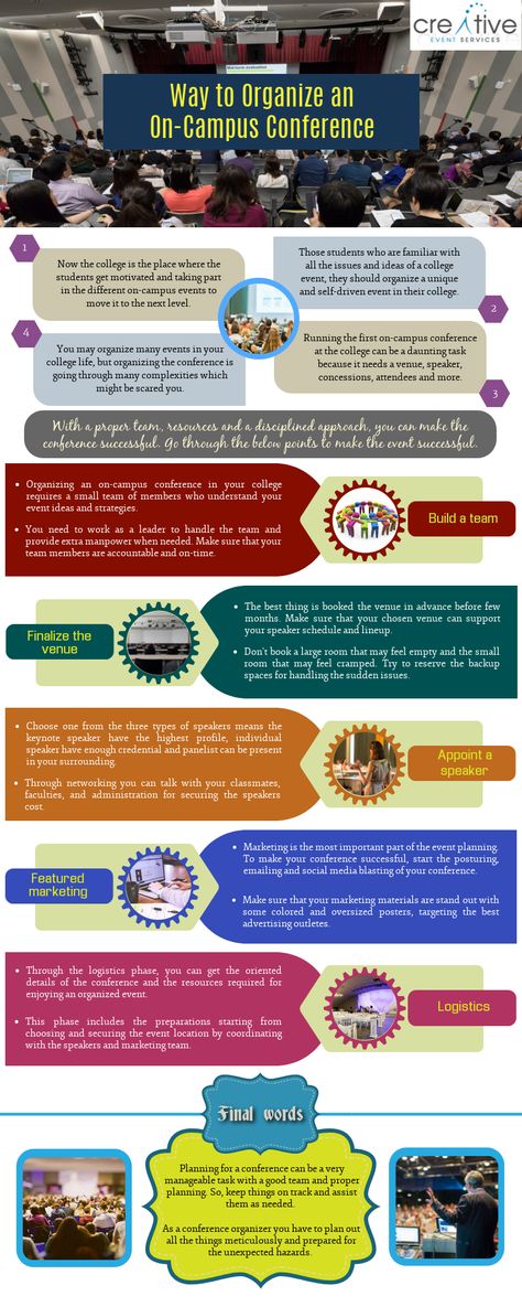 Organizing an event is a cumbersome task and if it is going to be held in a college like an on-campus conference, then it becomes more complicated. Students are at the forefront of all activities in a college and they organize different events for sharing and exchanging ideas. However, organizing a conference is an altogether different task and requires proper planning and deft handling. Go through the infographic to know the ways to organize an on-campus conference. Fun College Events, College Campus Events, College Event Ideas, Event Planning 101, College Events, Campus Activities, College Event, Campus Events, College Diy