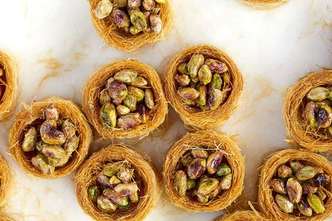 Recipe: Imad Alarnab’s Syrian Birds Nests on Dough Culture https://www.doughculture.net Bird Nest Recipe, Syrian Dessert, Syrian Recipes, Birds Nests Recipe, Syrian Food, Filo Pastry, Pistachios Nuts, Morning Tea, Bird Nest