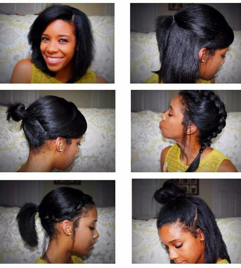 Relaxed Hair Ponytail Hairstyles, Medium Length Relaxed Hairstyles, Stretched Hairstyles, Flat Ironed Hair Black Hairstyles Short, Perm Styles, Boho Chic Hair, Chic Hair Accessories, Bun Ideas, Relaxed Hairstyles