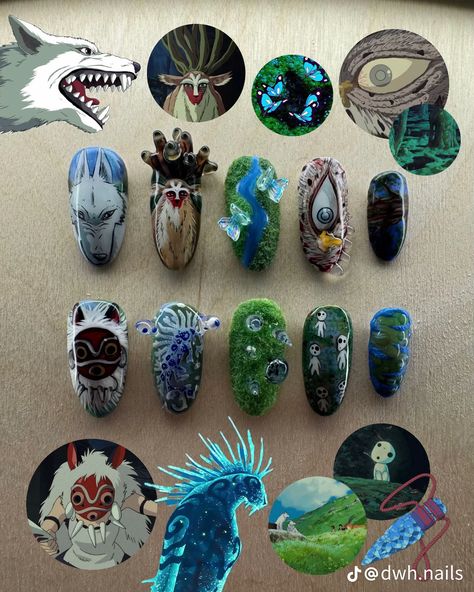 Princess Mononoke Nails, Fantasy Nails, Anime Nails, Edgy Nails, Nail Design Inspiration, Retro Photography, Almond Nails Designs, Pretty Gel Nails, Really Cute Nails