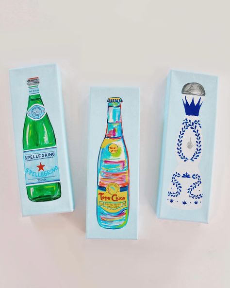 4x12” original hand painted bottle canvases! These make for perfect gifts! $45ea. Series includes: Topo Chico, Pellegrino, Veuve Clicquot, La Marca, Casa Azul, and Casamigos. 1-2 week turn around time, pick up in AU or Columbus or $10 shipping.