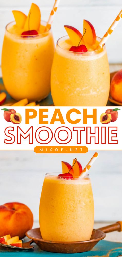 Peach Smoothie Peach Smoothie Recipes, Easy Breakfast Smoothies, Easy Mocktail Recipes, Peach Drinks, Peach Smoothie, Fruit Smoothie Recipes Healthy, Drink Recipes Nonalcoholic, Summer Drink Recipes, Smoothie Drink Recipes