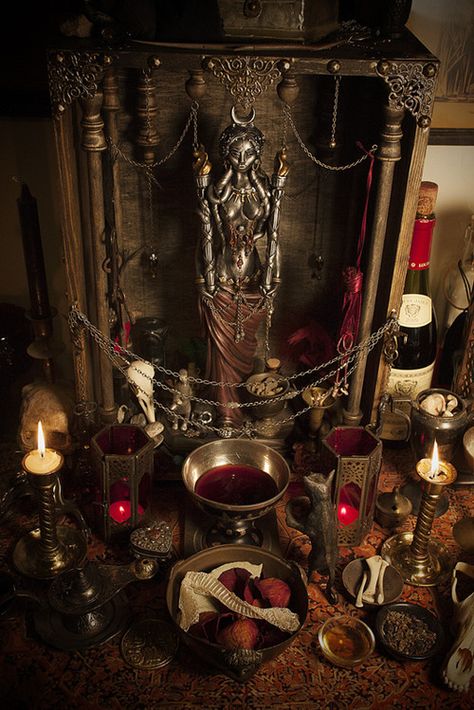 Altar to goddess with offerings of figs, wine, and snakeskin. Witches Altar, Wiccan Altar, Pagan Altar, Wicca Witchcraft, Witch Aesthetic, Arte Horror, Gods And Goddesses, Coven, Sacred Space