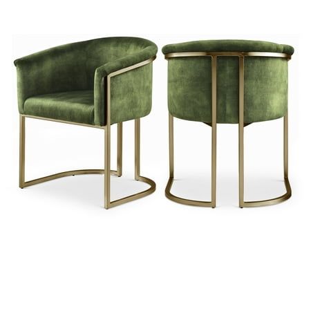 Enjoy body-hugging comfort at every meal with this Tierra velvet dining chair. Rich olive velvet covers the seat, arms and back of this comfortable yet beautiful chair. The frame is made from durable metal for resilient, long-lasting use, and it features a brushed brass finish for a look that's both modern and elegant. Pair it with the table of your choice for a modern look in your dining room space. Features : Luxurious Olive Velvet Brushed Brass Finish Iron Metal Frame Contemporary Design Specifications : Product Dimensions : 24.5" W x 22" D x 29.5" H Seat Dimensions : 18" W x 18" D x 19" H Seat back height : 10.5" Assembly Required : No Color: Green. Restaurant Chairs Design, Art Deco Dining Chair, Green Velvet Chair, Olive Velvet, Green Dining Room, Green Dining Chairs, Velvet Dining Chair, Dining Room Spaces, Contemporary Dining Chairs