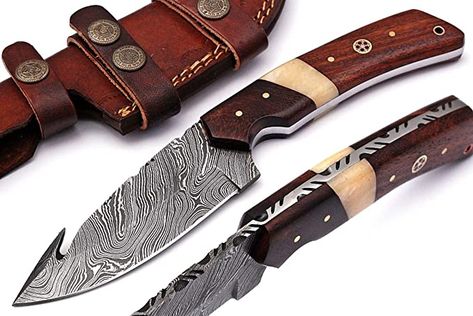 Grace Knives Handmade Damascus Steel Hunting Knife Fix Blade Gut Hook Knife 9 Inches with Leather Sheath G-1083 RW Damascus Steel Knife, Handmade Knives, Fixed Blade Knife, Hunting Knife, Knife Making, Leather Sheath, Damascus Steel, Damascus, Hunting